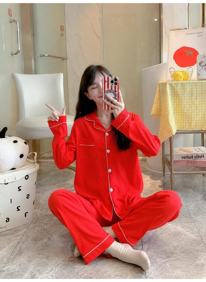 Women's 2-Piece Summer Sleepwear Pajama Set – Soft Lightweight Button-Up Long Sleeve Nightwear with Printed Pants