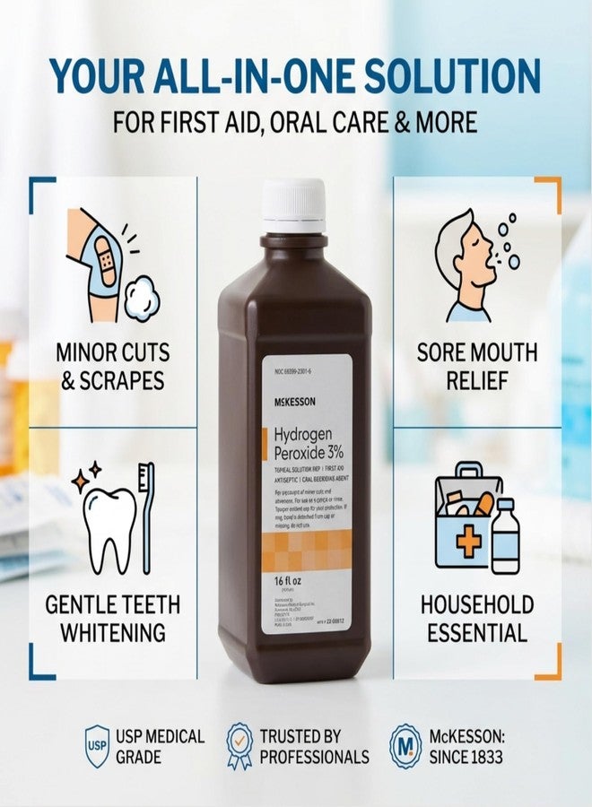 McKesson Hydrogen Peroxide 3%, 16 oz [Pack of 1] Topical Solution USP, First Aid Antiseptic, Oral Debriding Agent - Image 2
