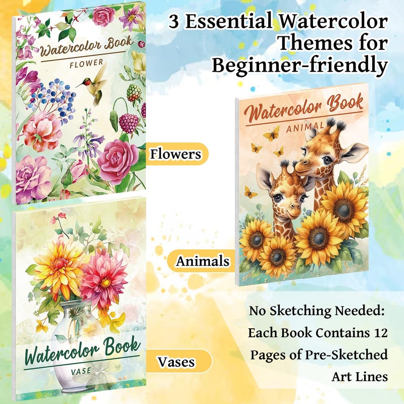 Kalysky 8.5 * 11" Watercolor Workbook,3 Watercolor Coloring Books for Adults,Water Color Book kit for Adults Beginner,160GSM Cold Press Textured Thick Paper - Image 2