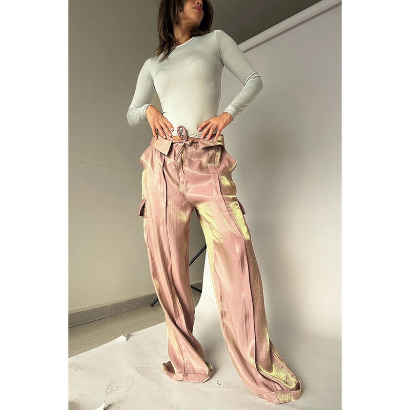 Cross-border 2024 European and American spring and summer new fashion casual party trousers INS loose zipper multi-color vacation trousers Lotus root color 