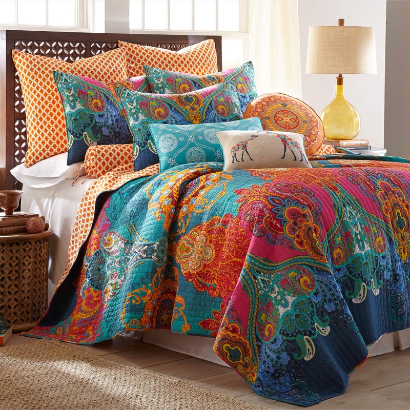 Levtex Home  Mackenzie Quilt Set  KingCal King Quilt 106x92in  Two King Pillow Shams 36x20in  Bohemian  Teal Orange Yellow Green Blue  Reversible  Cotton
