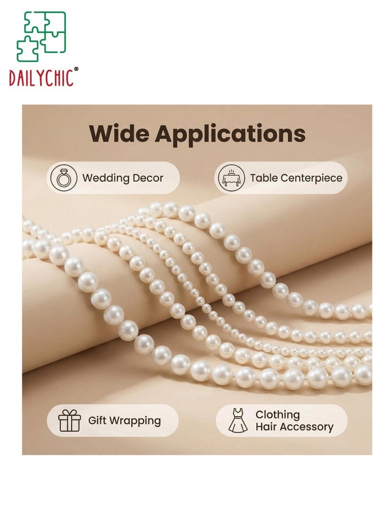 DAILYCHIC 4 Pcs 60 Feet Pearls String Garland, Faux Pearl Beads Roll Strand for Crafts, Artificial Pearls Chain Trim for Wedding Party Flower Valentine Christmas Decoration, 4mm 6mm 8mm 8+3mm, Ivory - Image 4