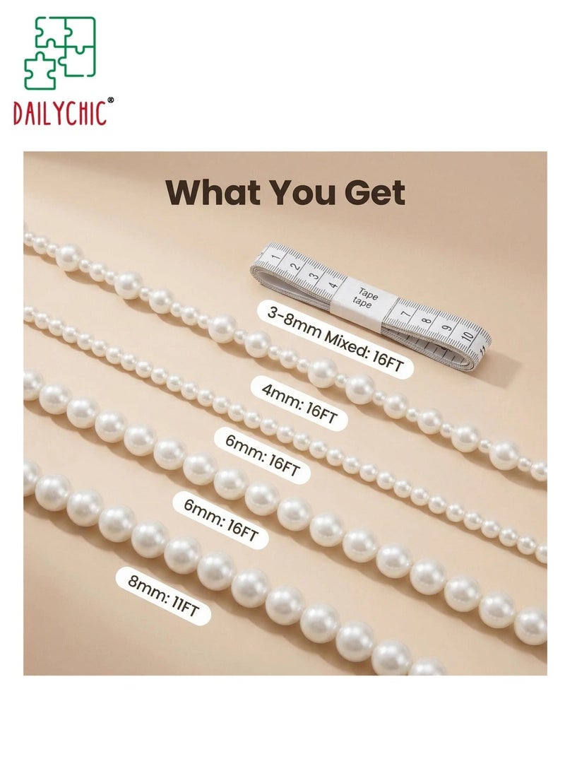 DAILYCHIC 4 Pcs 60 Feet Pearls String Garland, Faux Pearl Beads Roll Strand for Crafts, Artificial Pearls Chain Trim for Wedding Party Flower Valentine Christmas Decoration, 4mm 6mm 8mm 8+3mm, Ivory - Image 2