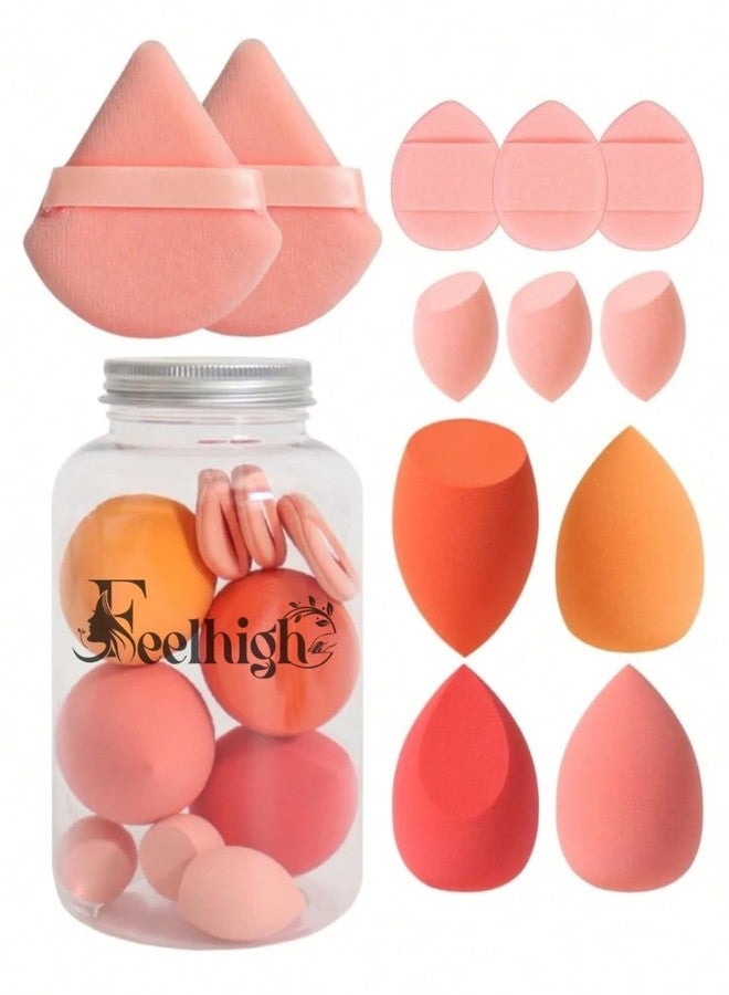 FEELHIGH مجموعة إسفنجات تجميل فاخرة مكونة من 12 قطعة مع علبة تخزين - 4 إسفنجات مكياج، 3 إسفنجات صغيرة، 3 إسفنجات للأصابع، وإسفنجتان مثلثتان الشكل للحصول على نتائج مكياج احترافية - Image 1