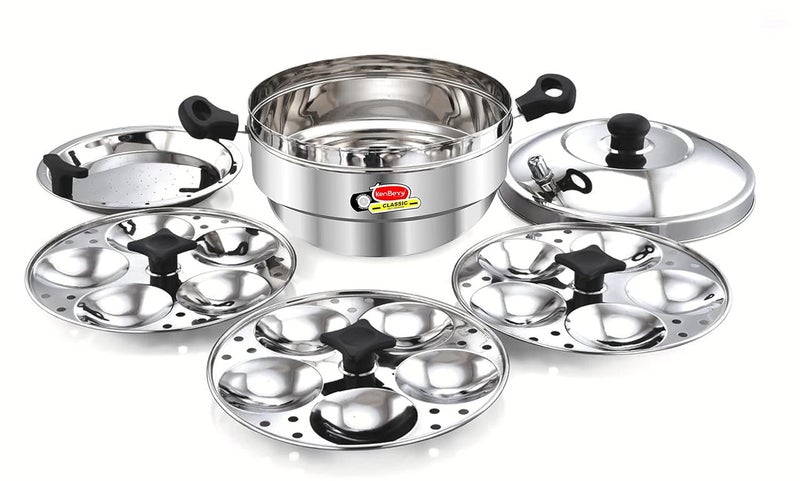 KenBerry Classic15 Stainless Steel Induction Standard Idli Maker Dhokla Maker Idli Cooker Multi Kadhai Idly Induction Stove Compatible 3 Idli Plate 1 Steamer Plate 15 Idli - Image 1