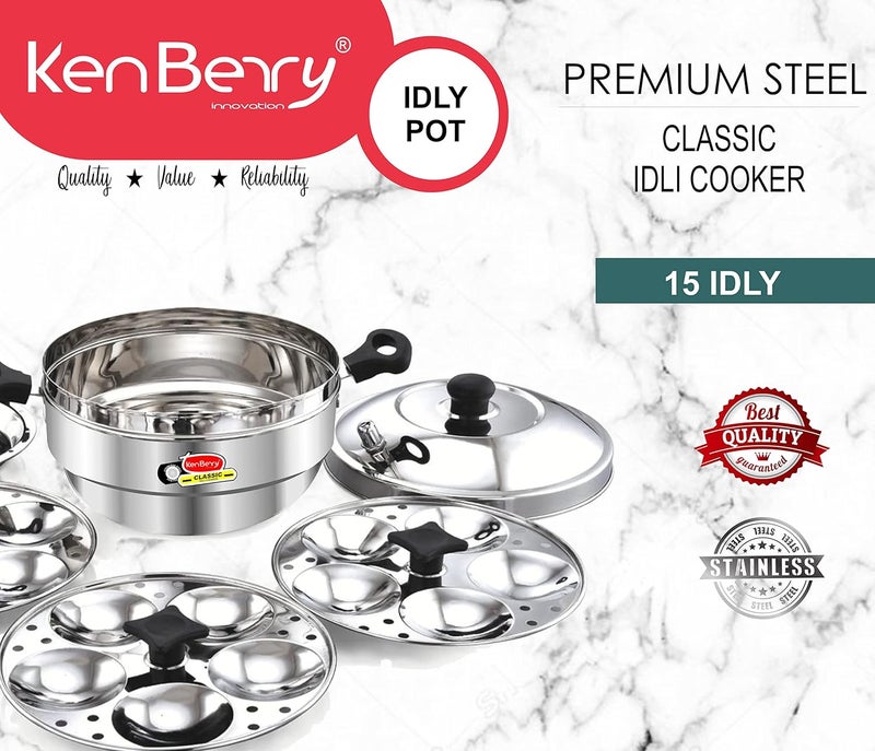 KenBerry Classic15 Stainless Steel Induction Standard Idli Maker Dhokla Maker Idli Cooker Multi Kadhai Idly Induction Stove Compatible 3 Idli Plate 1 Steamer Plate 15 Idli - Image 3