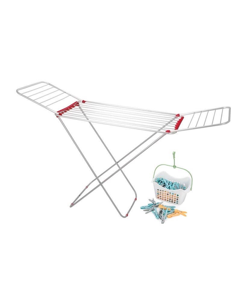 Mondex 18M Aluminium Cloth Dryer with Iron Legs, Blue/Red (Assorted) & Basket with 90 Plastic Pegs | Foldable Clothes Drying Stand | Size 175×55×110 cm for Home & Balcony - Image 1