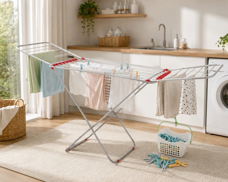 Mondex 18M Aluminium Cloth Dryer with Iron Legs, Blue/Red (Assorted) & Basket with 90 Plastic Pegs | Foldable Clothes Drying Stand | Size 175×55×110 cm for Home & Balcony - Image 2