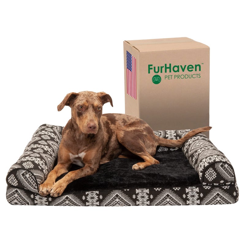 Furhaven Memory Foam Dog Bed for Large/Medium Dogs w/ Removable Bolsters & Washable Cover, For Dogs Up to 55 lbs - Plush & Southwest Kilim Woven Decor Sofa - Black Medallion, Large - Image 1