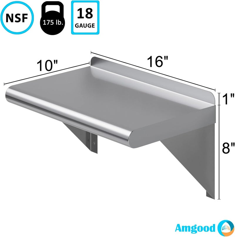 AmGood 10 in. x 16 in. Stainless Steel Wall Shelf | NSF Certified | Appliance & Equipment Metal Shelving | Kitchen, Restaurant, Garage, Laundry, Utility Room - Image 3