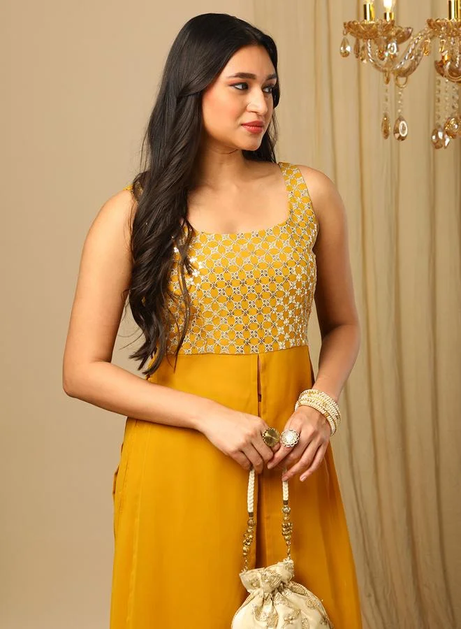 Globus  Yellow Zari Embroidered Sequined Kurta and Flared Palazzos Set for Women | Best Price UAE