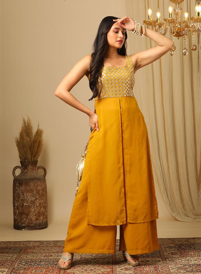 globus Yellow Zari Embroidered Sequined Kurta and Flared Palazzos Set - Image 1