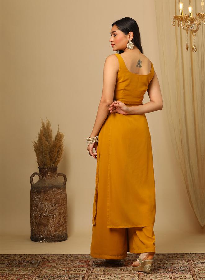 globus Yellow Zari Embroidered Sequined Kurta and Flared Palazzos Set - Image 3