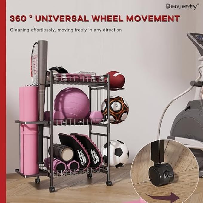 rayihni Yoga Mat Storage Rack, 3 Tier Home Gym Sports Equipment Organizer Workout Equipment Storage Rack With Wheels For Yoga Mat Foam Roller Dumbbells Kettlebells - Image 5