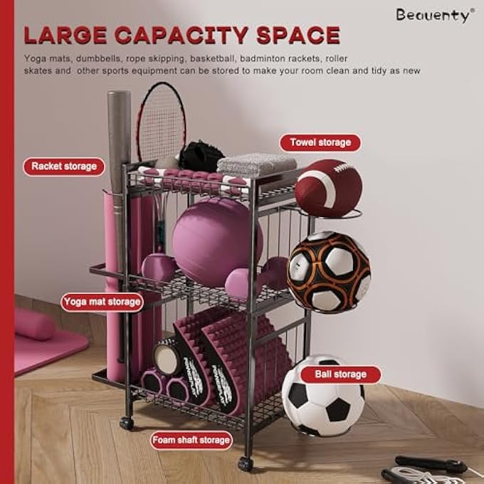 rayihni Yoga Mat Storage Rack, 3 Tier Home Gym Sports Equipment Organizer Workout Equipment Storage Rack With Wheels For Yoga Mat Foam Roller Dumbbells Kettlebells - Image 2