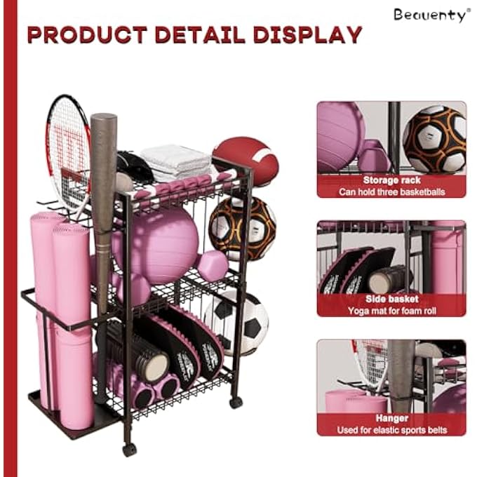 rayihni Yoga Mat Storage Rack, 3 Tier Home Gym Sports Equipment Organizer Workout Equipment Storage Rack With Wheels For Yoga Mat Foam Roller Dumbbells Kettlebells - Image 3