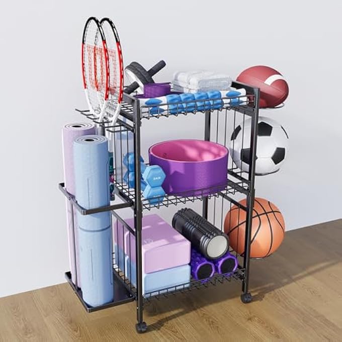 rayihni Yoga Mat Storage Rack, 3 Tier Home Gym Sports Equipment Organizer Workout Equipment Storage Rack With Wheels For Yoga Mat Foam Roller Dumbbells Kettlebells - Image 1