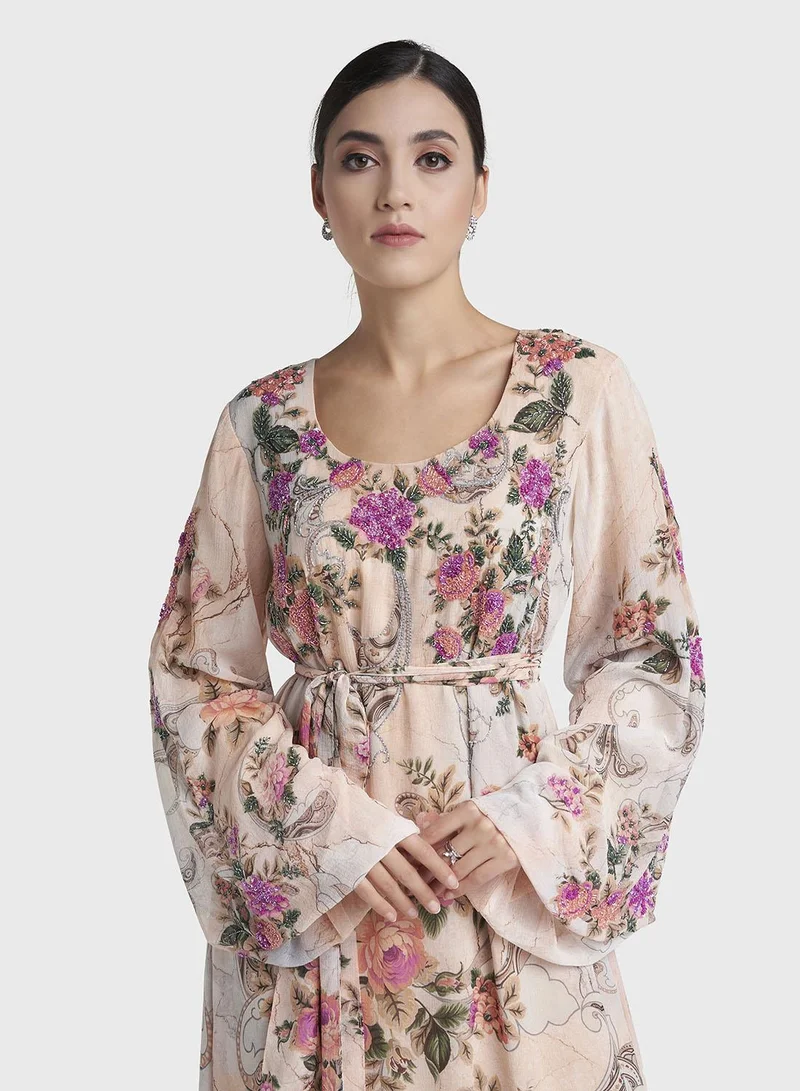 كشخة Light Peach Floral Print Hand Work Chiffon Long Dress (VDV39)