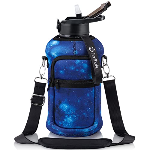 Fimibuke Half Gallon Water Bottle with Sleeve 64 OZ Water Bottle with Handle & Straw Leakproof Motivational Sports Gym Water Bottle with Time Marker BPA Free Water Jug with Neoprene Holder - Galaxy - Image 1