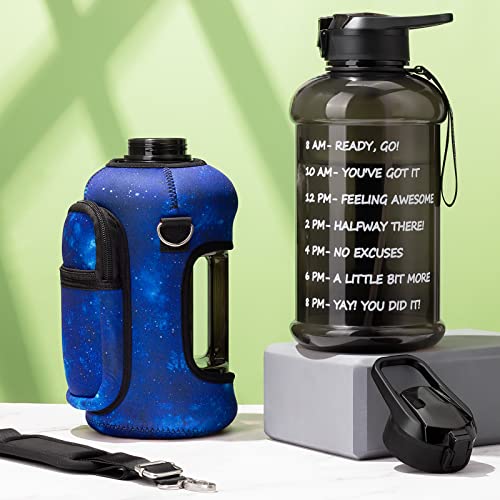 Fimibuke Half Gallon Water Bottle with Sleeve 64 OZ Water Bottle with Handle & Straw Leakproof Motivational Sports Gym Water Bottle with Time Marker BPA Free Water Jug with Neoprene Holder - Galaxy - Image 4