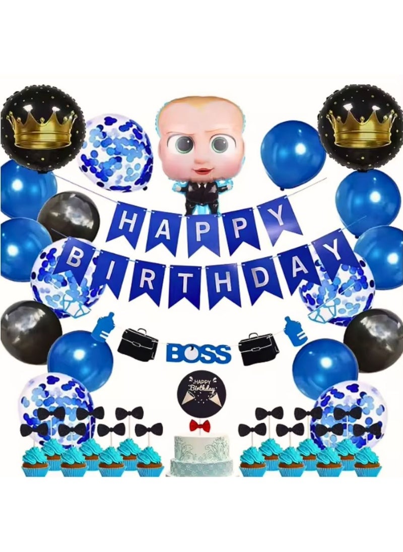 ALCR Theme Birthday Party Decoration Set with Latex, Foil, Confetti Balloons with Banner, Cupcake Toppers, Party Supplies For Kids, Boys, Girls – Party Sparks (Boss Baby Theme Birthday Set) - Image 1