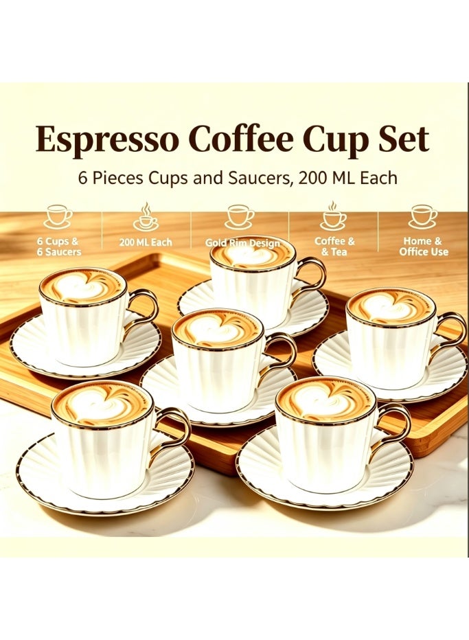 LATEEN 200ml 6 Sets Porcelain Coffee Cup Tea Cup and Saucer Set Espresso Cups with Saucers, Greek Arabic Turkish Coffee Cups - Image 1
