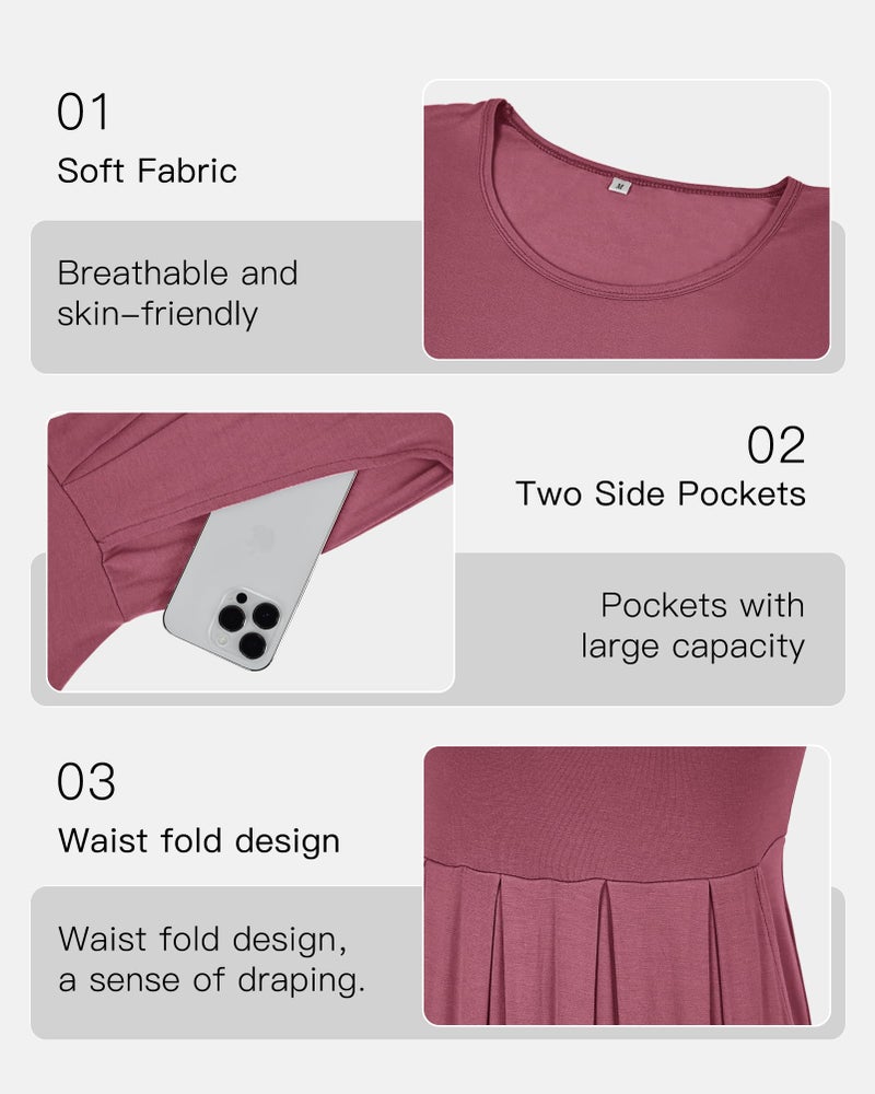 AUSELILY Women's Short Sleeve Summer Dress Pleated Loose Swing Knee Length Dresses with Pockets 2025 New Mauve XL - Image 2