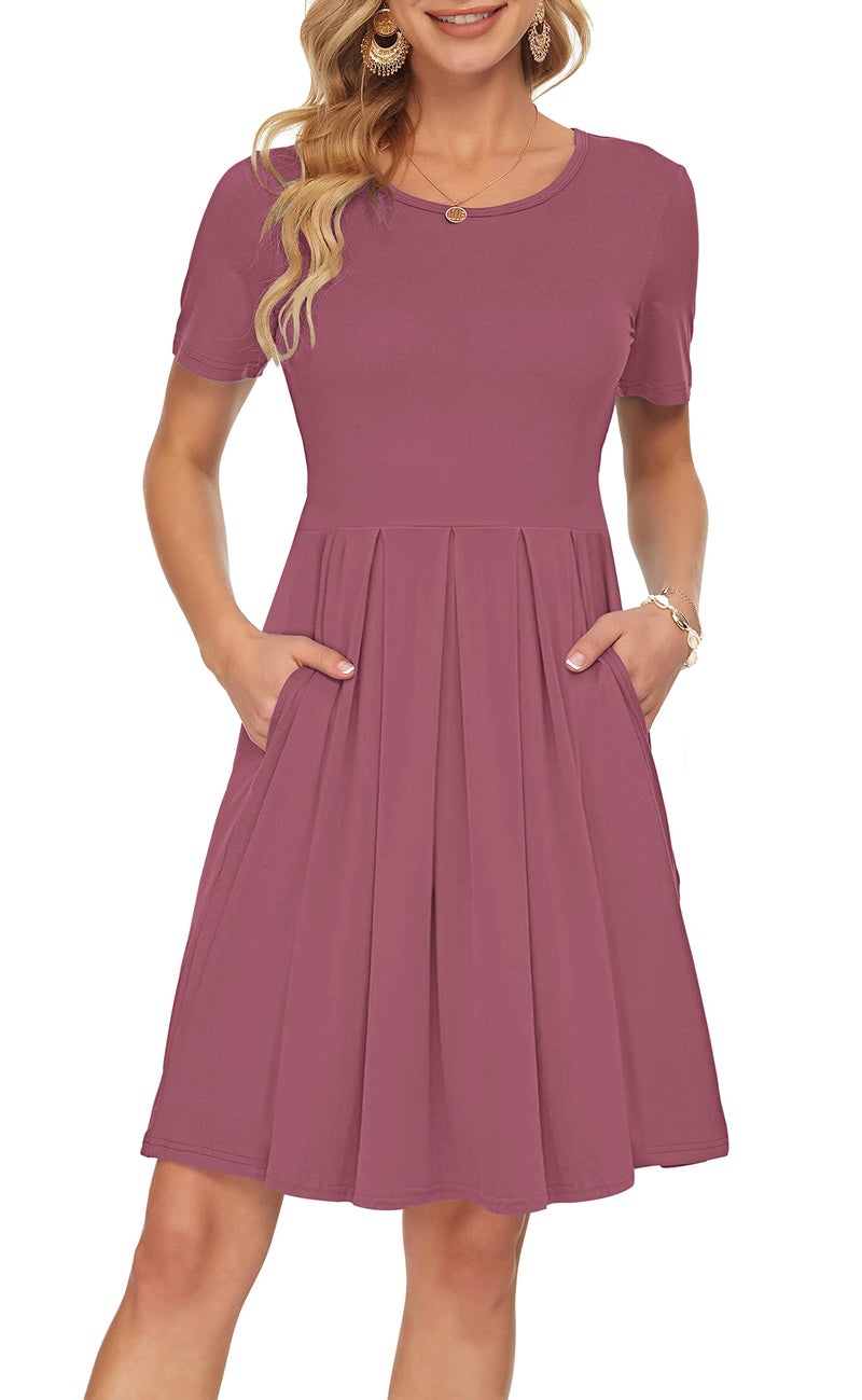AUSELILY Women's Short Sleeve Summer Dress Pleated Loose Swing Knee Length Dresses with Pockets 2025 New Mauve XL - Image 3