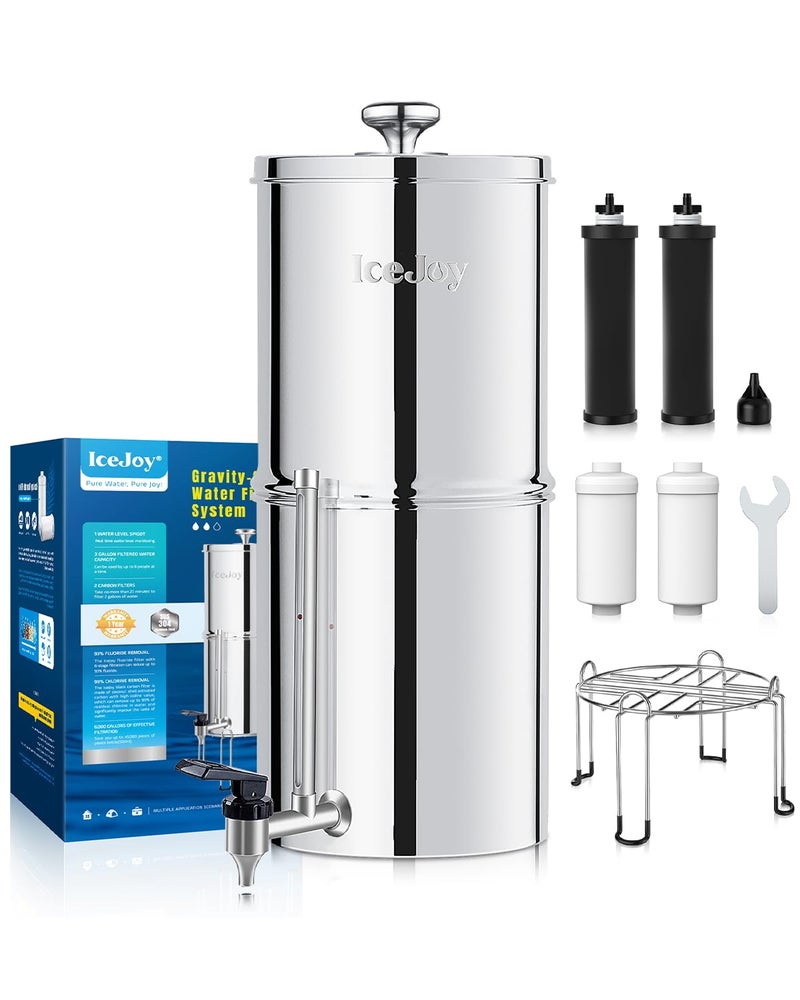 IceJoy 8-Stage Gravity Water Filtration System 3.0 Gallon-304 Stainless Steel Countertop System with 4 Filters and StandReduce 99.9% Chlorine, NSF/ANS 42 Certifcation - Image 1