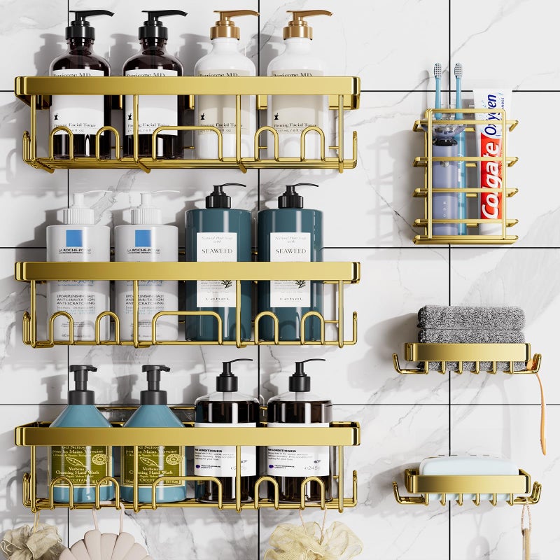 Veken Adhesive Shower Caddy 6-Pack Heavy Weight Bearing Large Wall Mounted Shower Shelves Rack Organizer Storage Accessories with Soap Dish&Toothbrush Holder Ideal for Bathroom Home&Kitchen Gold - Image 1