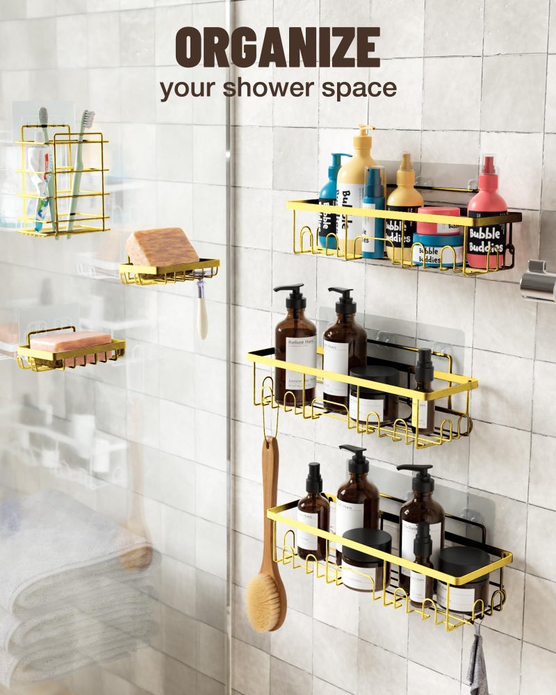 Veken Adhesive Shower Caddy 6-Pack Heavy Weight Bearing Large Wall Mounted Shower Shelves Rack Organizer Storage Accessories with Soap Dish&Toothbrush Holder Ideal for Bathroom Home&Kitchen Gold - Image 2