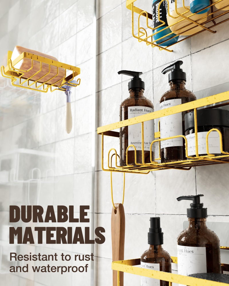 Veken Adhesive Shower Caddy 6-Pack Heavy Weight Bearing Large Wall Mounted Shower Shelves Rack Organizer Storage Accessories with Soap Dish&Toothbrush Holder Ideal for Bathroom Home&Kitchen Gold - Image 3