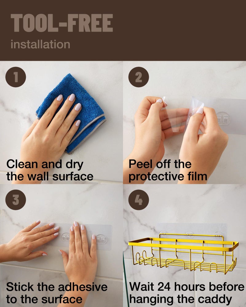 Veken Adhesive Shower Caddy 6-Pack Heavy Weight Bearing Large Wall Mounted Shower Shelves Rack Organizer Storage Accessories with Soap Dish&Toothbrush Holder Ideal for Bathroom Home&Kitchen Gold - Image 5