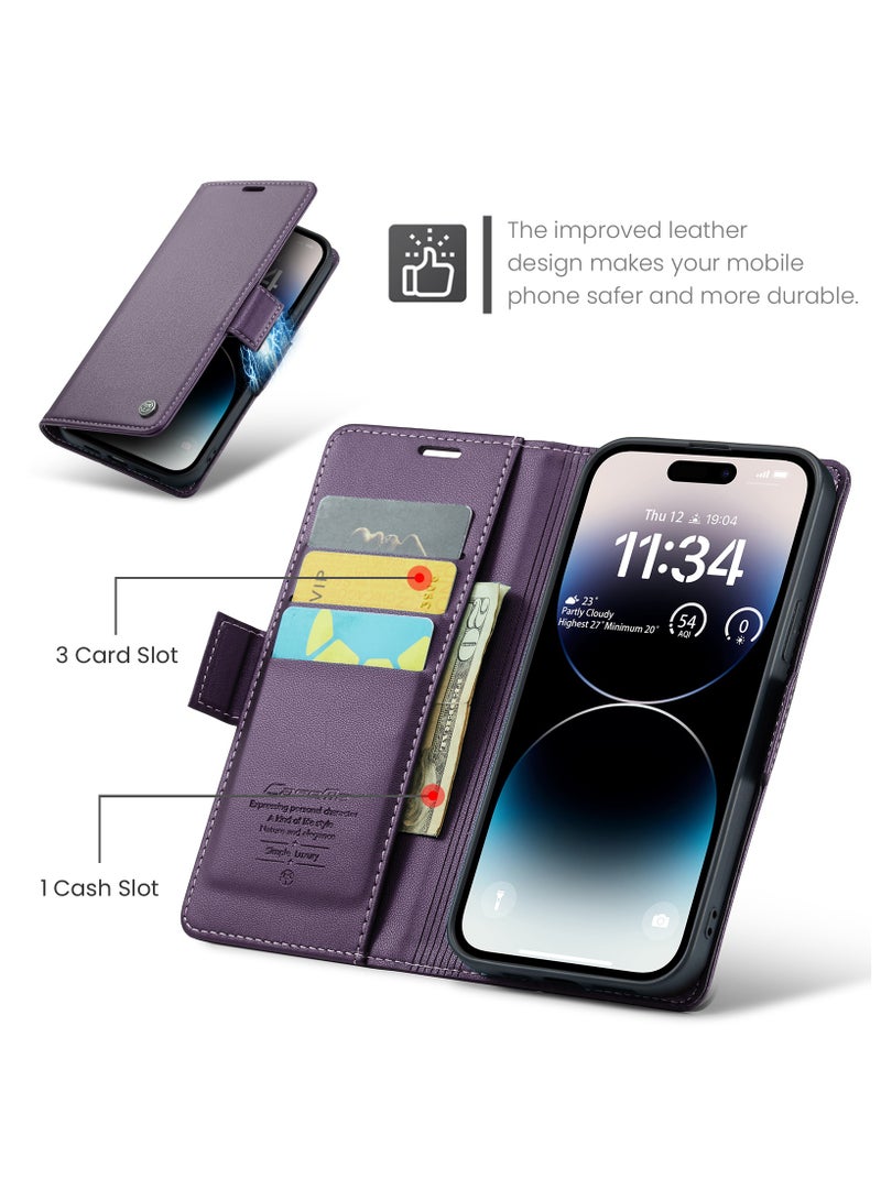 Flip Wallet Case for iPhone 15 Pro, Leather Magnetic Attachment Flip Case Purple - Image 2