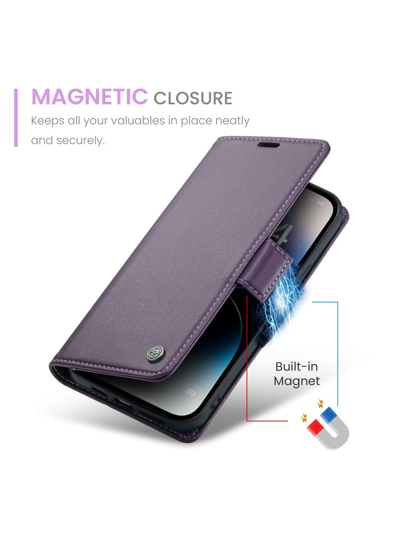 Flip Wallet Case for iPhone 15 Pro, Leather Magnetic Attachment Flip Case Purple - Image 3