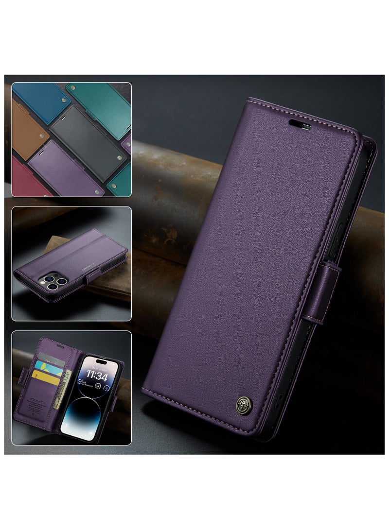 Flip Wallet Case for iPhone 15 Pro, Leather Magnetic Attachment Flip Case Purple - Image 4