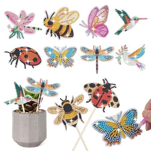SWATOM 10PCS Diamond Art Kits for Adults for Garden Decor with Butterfly, Hummingbird, Ladybug, Bee, Dragonfly Stakes Diamond Painting Ornaments Kits for Indoor Outdoor Yard Decoration Crafts - Image 1