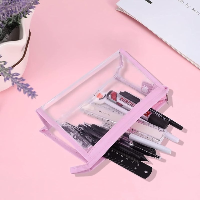 GLUN® حقيبة stationery شفافة بسحاب للفتيات والفتيان، منظم للمدرسة، الكلية، المكتب، حقيبة تجميل لطيفة للنساء، حقيبة متعددة الأغراض باللون الوردي، عبوة من 1 - Image 2