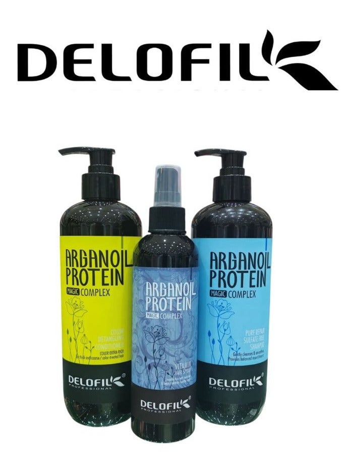 Argan Protein Hair Care Kit: Shampoo 500ml, Conditioner 500ml, and Heat Protectant Spray 100ml to repair and nourish hair.