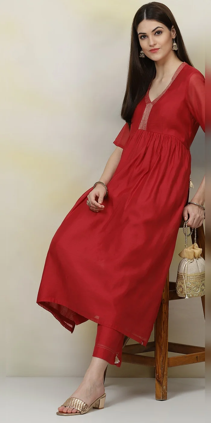 Women Red Flared Poly Modal Fusion Wear 2 Piece Set
