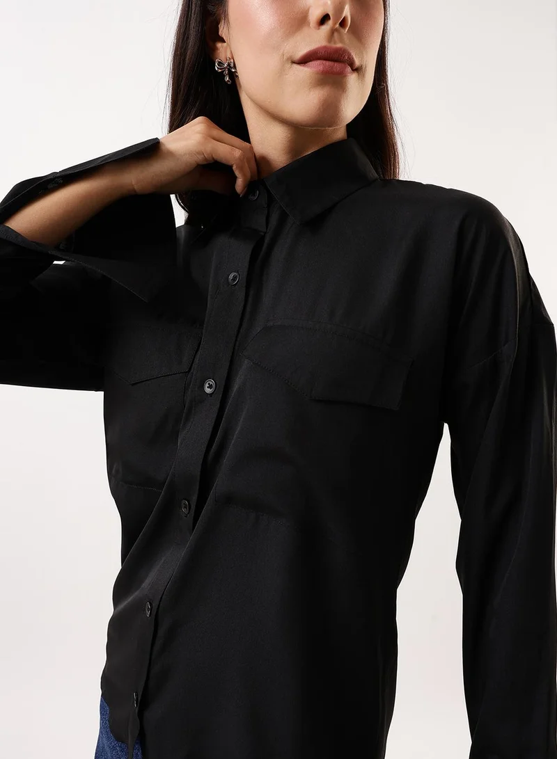 Dennis Lingo Women's Black Beauty Poly Crepe Solid Button Down Regular Fit Shirt