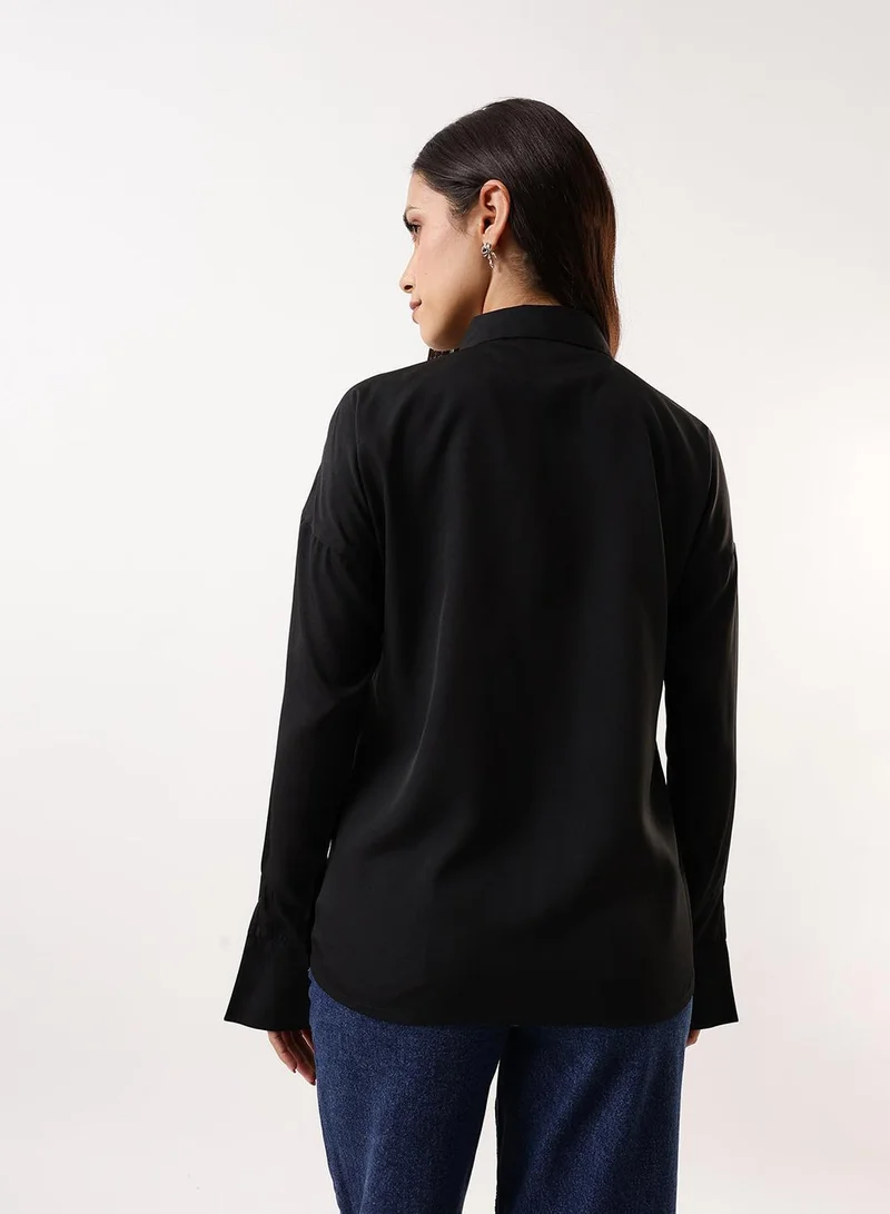 Dennis Lingo Women's Black Beauty Poly Crepe Solid Button Down Regular Fit Shirt