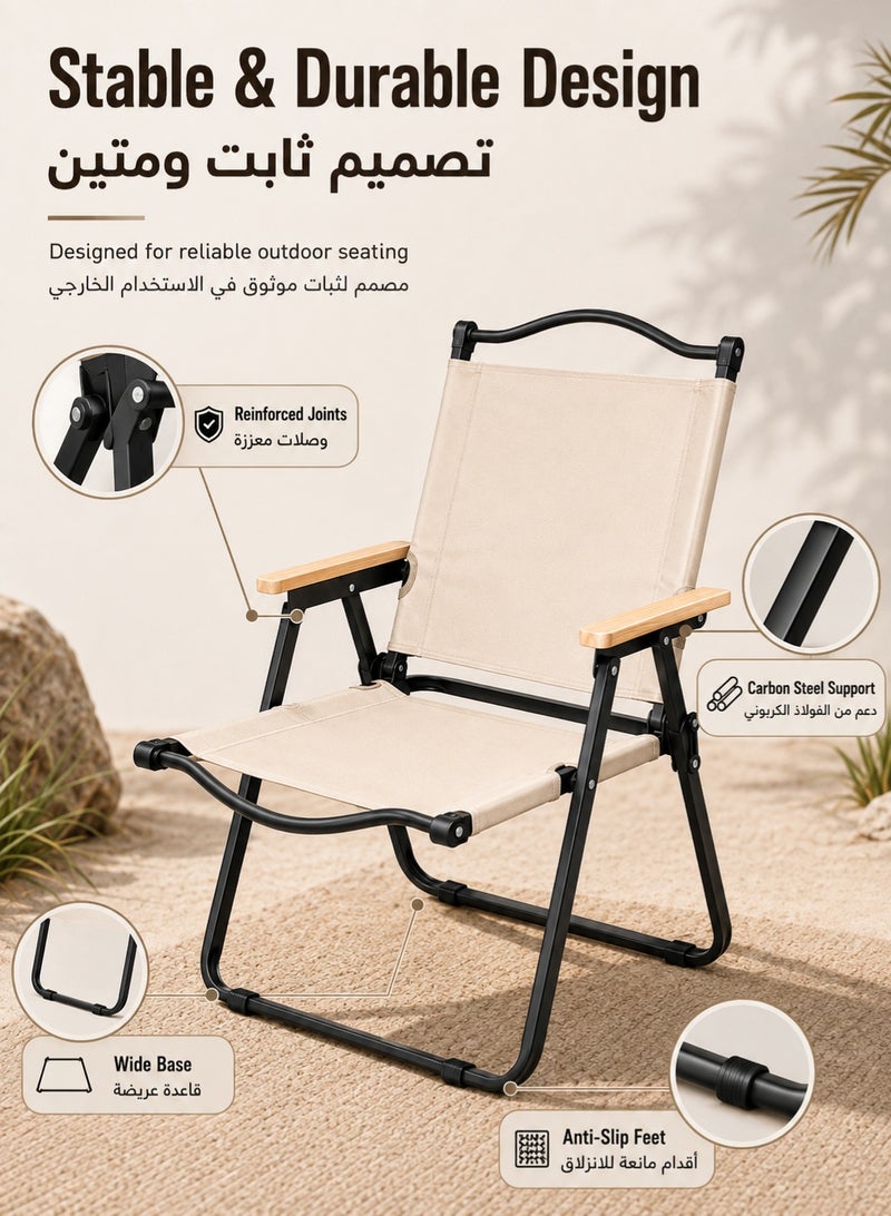 Occuwzz Portable Folding Camping Chair, 130KG Heavy Duty Outdoor Chair with Aviation Grade Carbon Steel Frame, 600D Oxford Fabric and Beech Wood Armrests, Lightweight Foldable Chair for Camping, Beach, Picnic, Fishing and Travel, Beige Black - Image 5