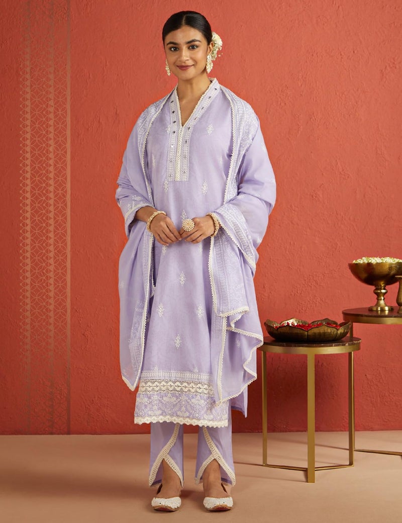 Kaari Women's Straight Fit Chikankari Kurta Set with Dupatta - Cotton Fabric with Lace Border | Placement Embroidery | Straight Pant with Lace Border & Assymetric Helm | Kurta Set for Women - Image 2