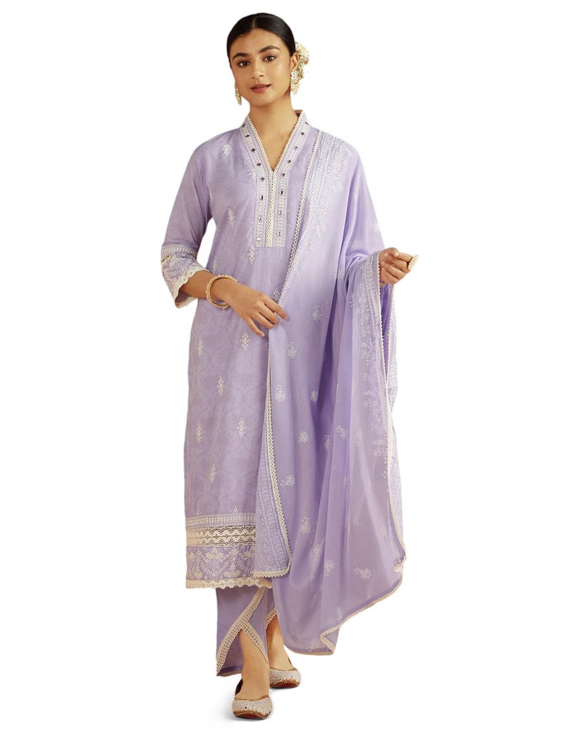 Kaari Women's Straight Fit Chikankari Kurta Set with Dupatta - Cotton Fabric with Lace Border | Placement Embroidery | Straight Pant with Lace Border & Assymetric Helm | Kurta Set for Women - Image 5