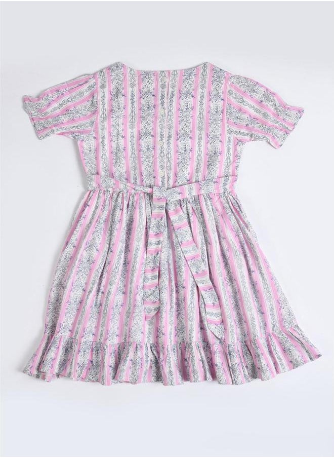 BELLA MODA All-Over Print Round Neck Bow Details Dress by Styli  - Image 2