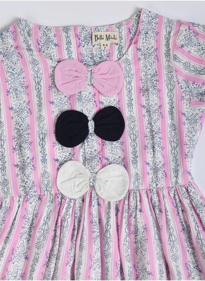 BELLA MODA All-Over Print Round Neck Bow Details Dress by Styli  - Image 3