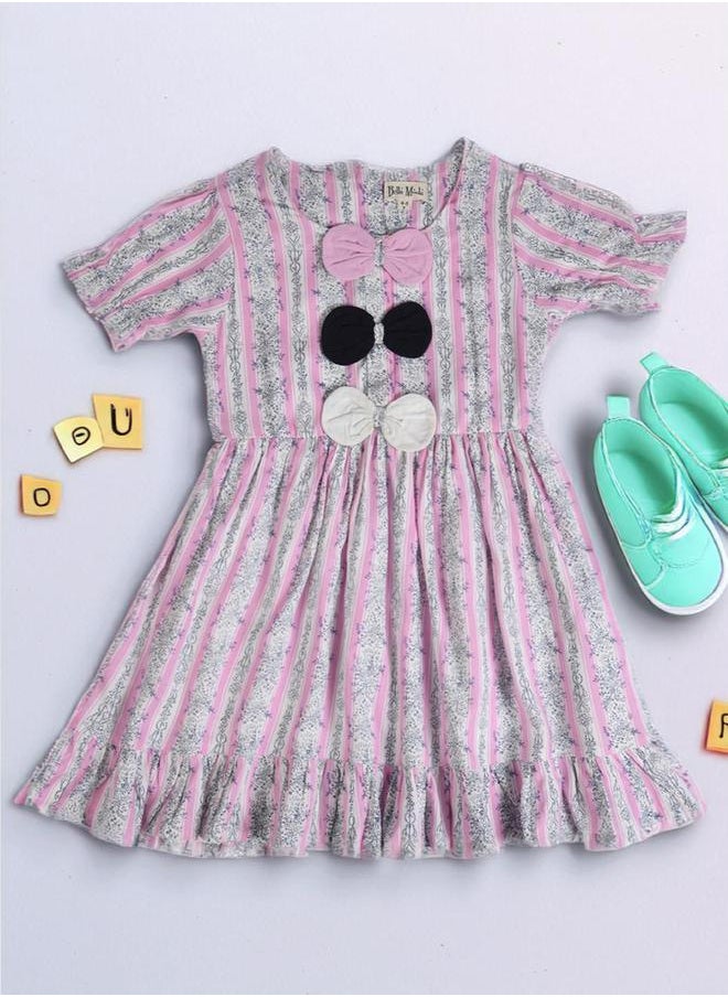 BELLA MODA All-Over Print Round Neck Bow Details Dress by Styli  - Image 1