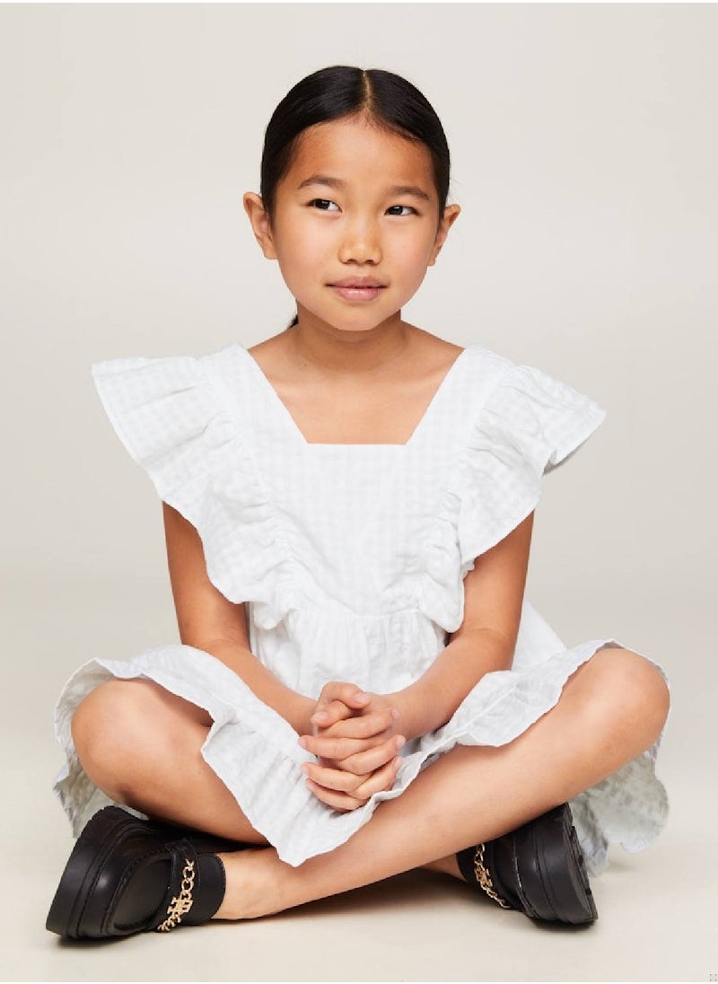 TOMMY HILFIGER Girls' Seersucker Frill Fit And Flare Dress -  Pure cotton seersucker, White  - Image 5