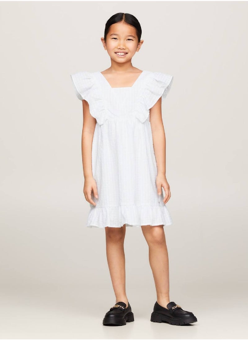 TOMMY HILFIGER Girls' Seersucker Frill Fit And Flare Dress -  Pure cotton seersucker, White  - Image 1